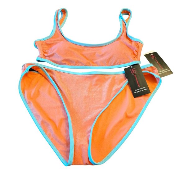Bikini Swimsuit Salmon Pink Sparkle Sky Blue Trim Juniors XL 15-17 JH1709 - Picture 1 of 9